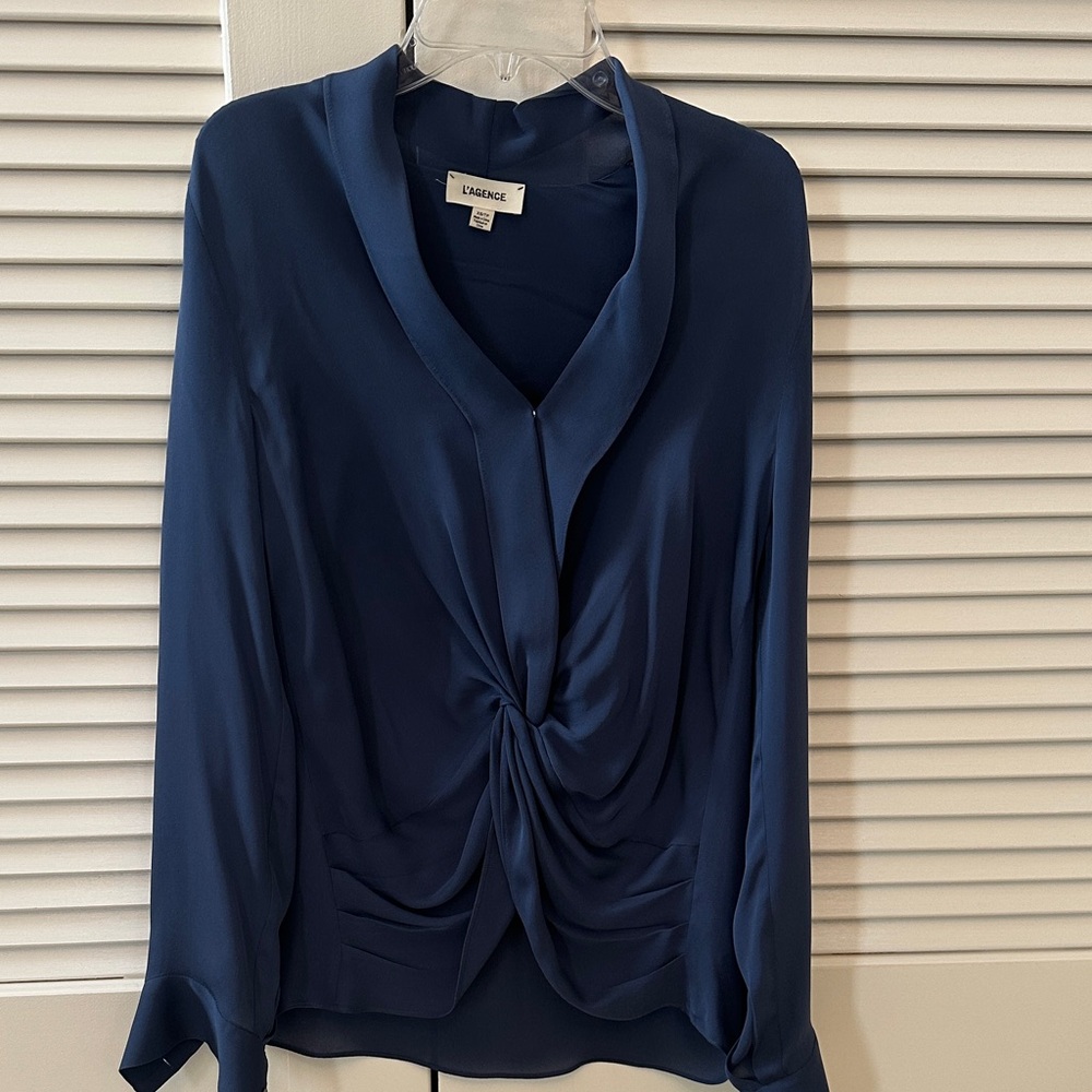 L'AGENCE Deep Blue Twist Front Blouse